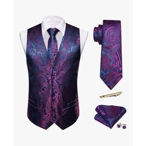 Barry Wang Men’s Paisley V-neck Suit Vest Formal Silk Tie Set 5pc 4X Purple Blue